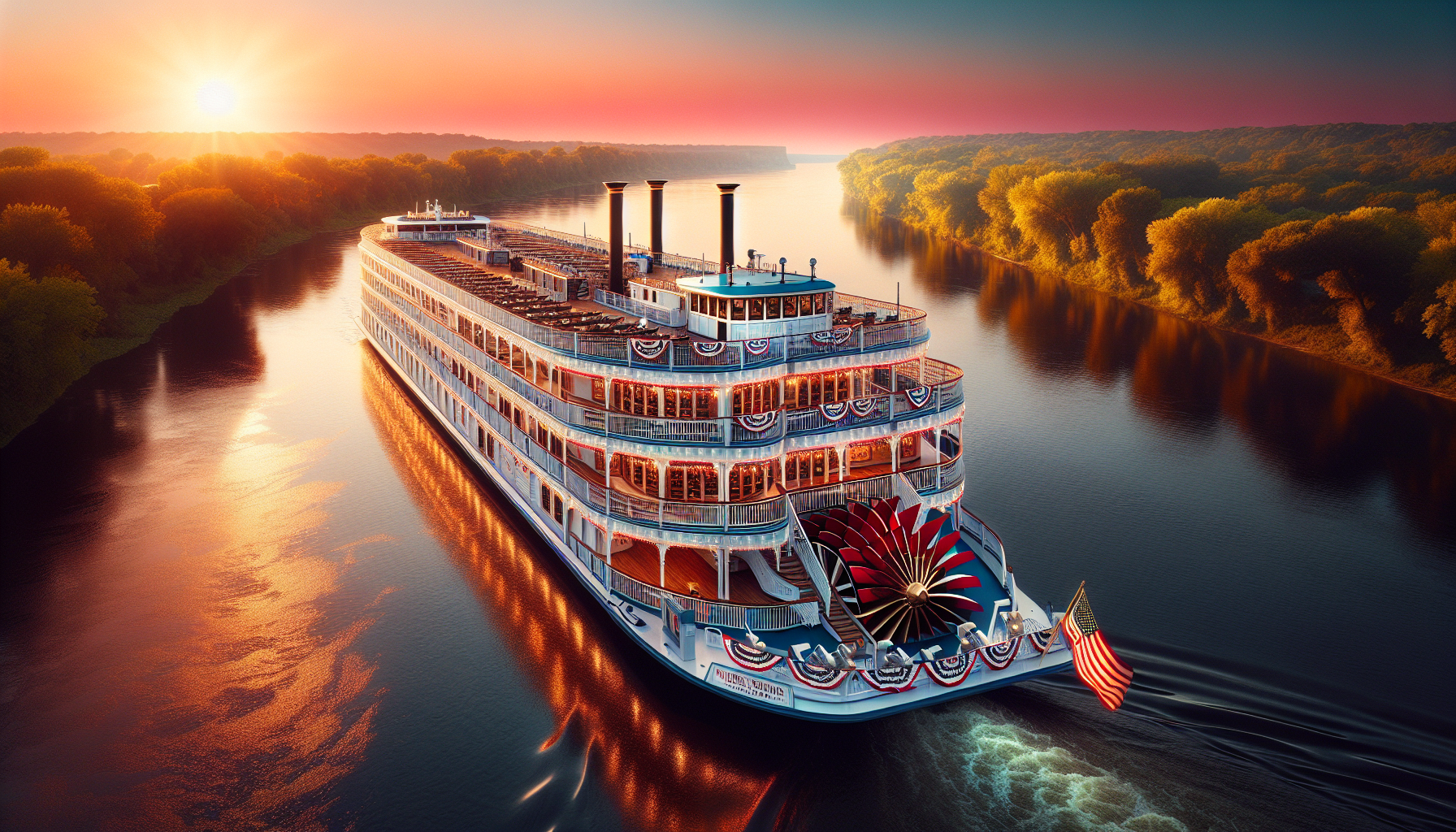 American river cruise ship on Mississippi River at sunset - American Cruise Lines review