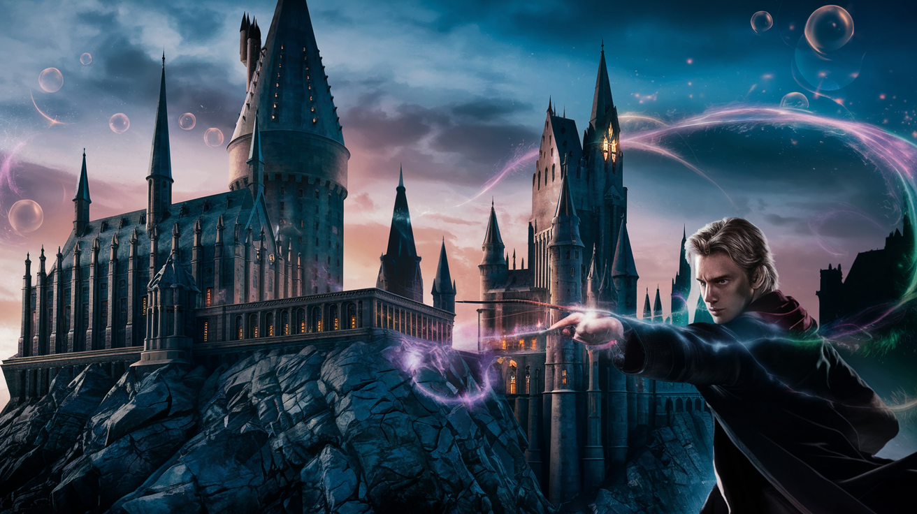Hogwarts Legacy video game review showing magical castle with spell effects