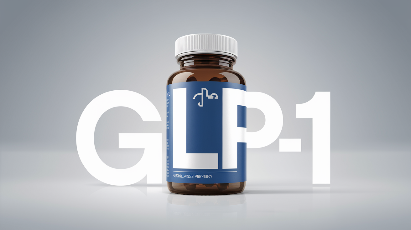 Blue and white supplement bottle with GLP-1 label for weight loss review